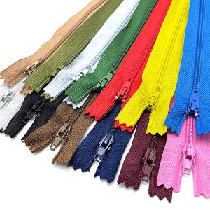 Nylon zippers for sewing with alloy metal slider pulls; Lead-free, Non-separating close end colored zippers; All-purpose; Durable and lightweight; Easy to sew zippers by hand or sewing machine; Colorfast and bleeding free.